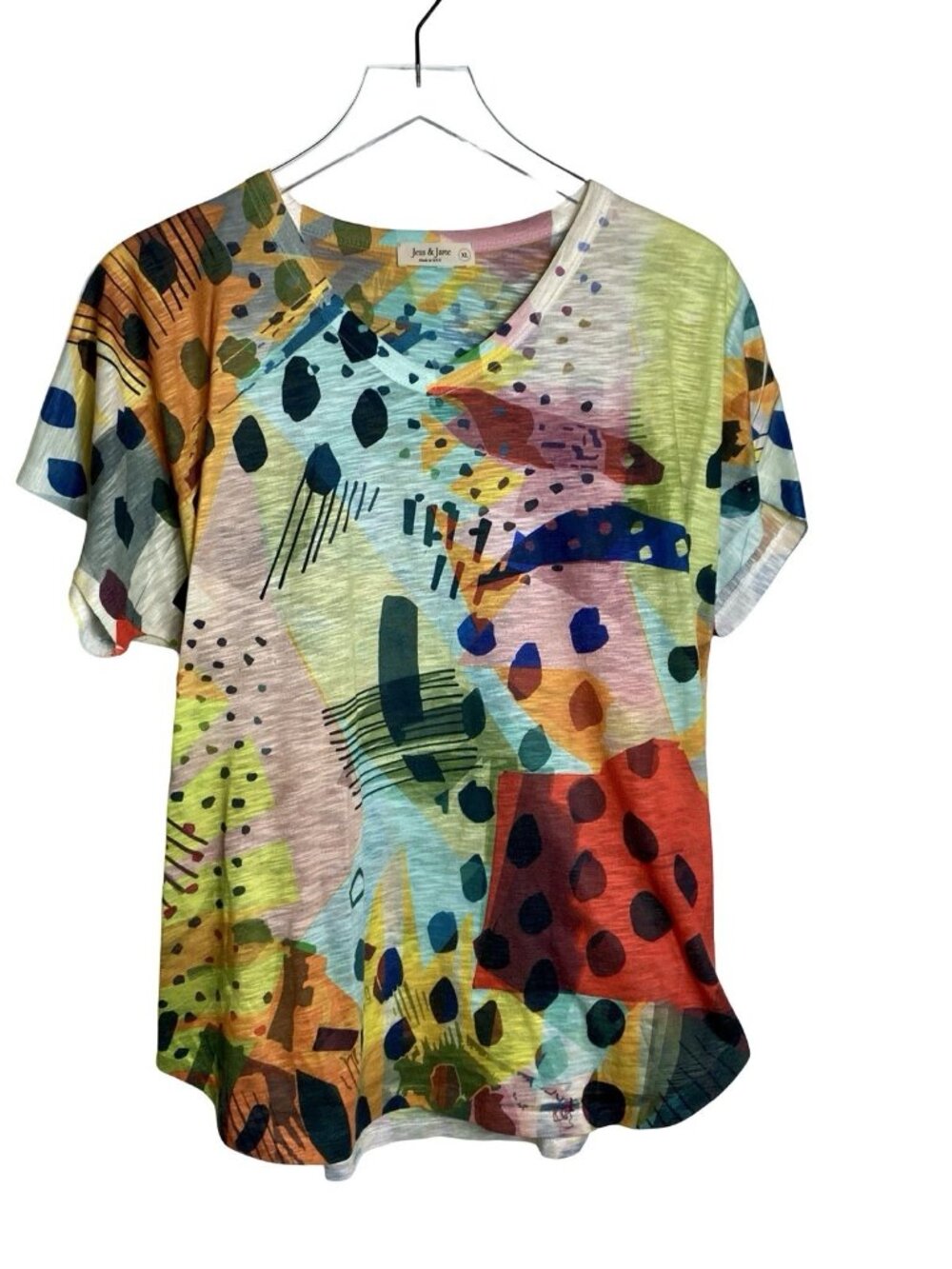 Jess & Jane Size XL Colorful Geometric Burnout Print Top Short Sleeves V Neck